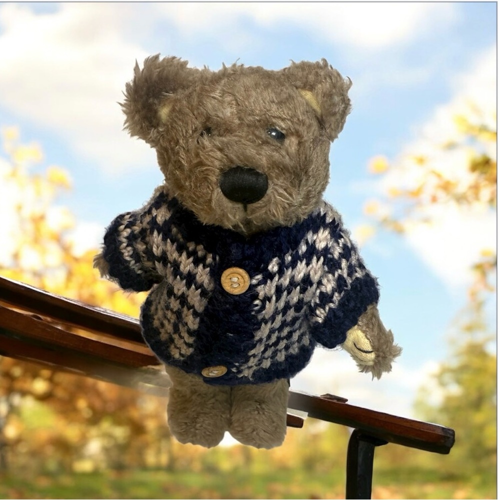 Hugfun Int’l Inc. Brown Teddy Bear w/ White & Blue Button Crochet Sweater